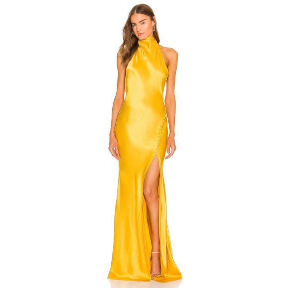 NWOT SAU LEE Penelope Gown in Gold High Neck Halter Open Back Sleek Shiny Silky